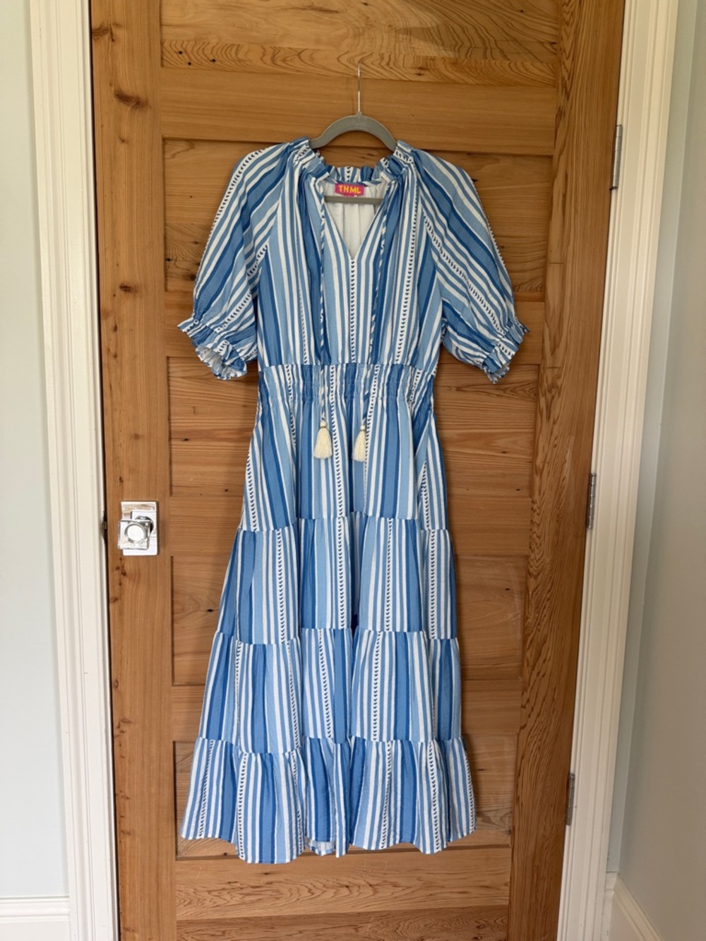 THML Blue & White Striped Tiered Midi Dress Puff Sleeve Tassel Tie Boho Coastal